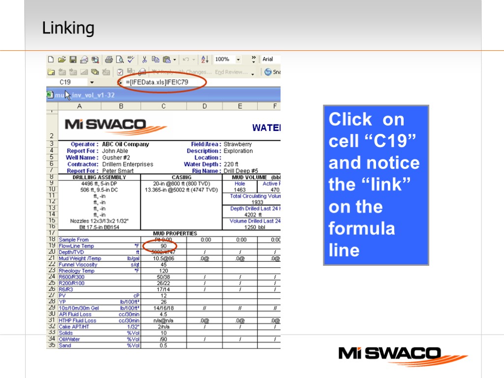 Linking Click on cell “C19” and notice the “link” on the formula line